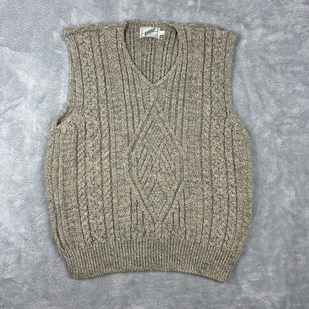 Kerry Cable Knit Sweater Vest Mens L Pure New Wool Made in Ireland Marled Khaki